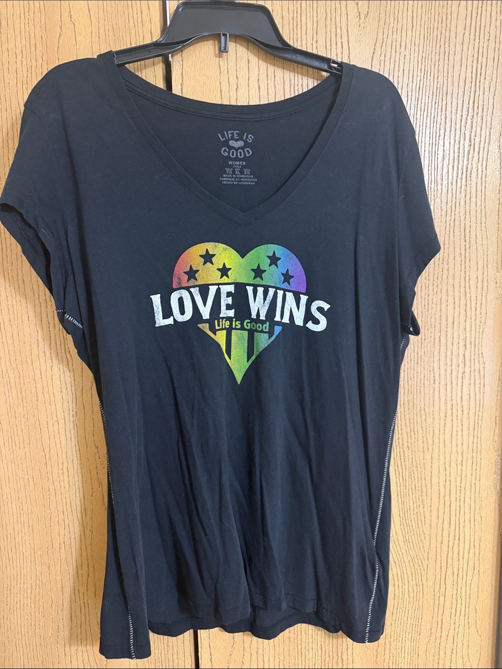 Life Is Good Black 'Love Wins' V-Neck Tee with Rainbow Heart Graphic